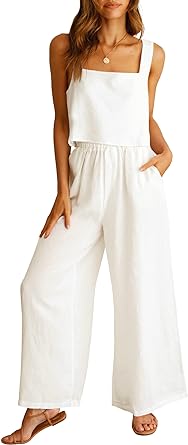 Photo 1 of ANRABESS Women's 2 Piece Outfits Square Neck Linen Tank Crop Top Wide Leg Pants Matching Lounge Set - White - Size XL