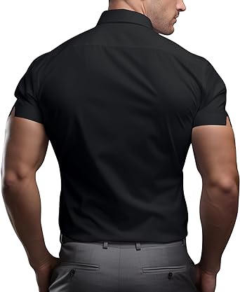 Photo 2 of ATFORNA Men's Muscle Dress Shirts Slim Fit Stretch Short Sleeve Athletic Fit Button Down Shirts - Black - Size XL

