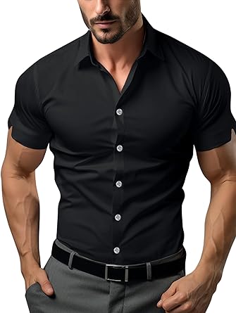 Photo 1 of ATFORNA Men's Muscle Dress Shirts Slim Fit Stretch Short Sleeve Athletic Fit Button Down Shirts - Black - Size XL
