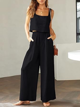 Photo 1 of Prinbara Women's 2 Piece Outfits Lounge Sets Sleeveless Square Neck Linen Tank Crop Top Wide Leg Pants Matching Sets - Black - Size Large - NWT
