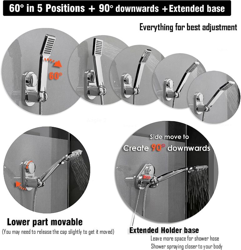 Photo 3 of Wall Mount Handheld Shower Head Holder Suction Cup+ Adhesive Assisted,5 Angles Adjustable Shower Wand Holder, Tool Free Shower Hose Holder, Porous Surfaces Fitted