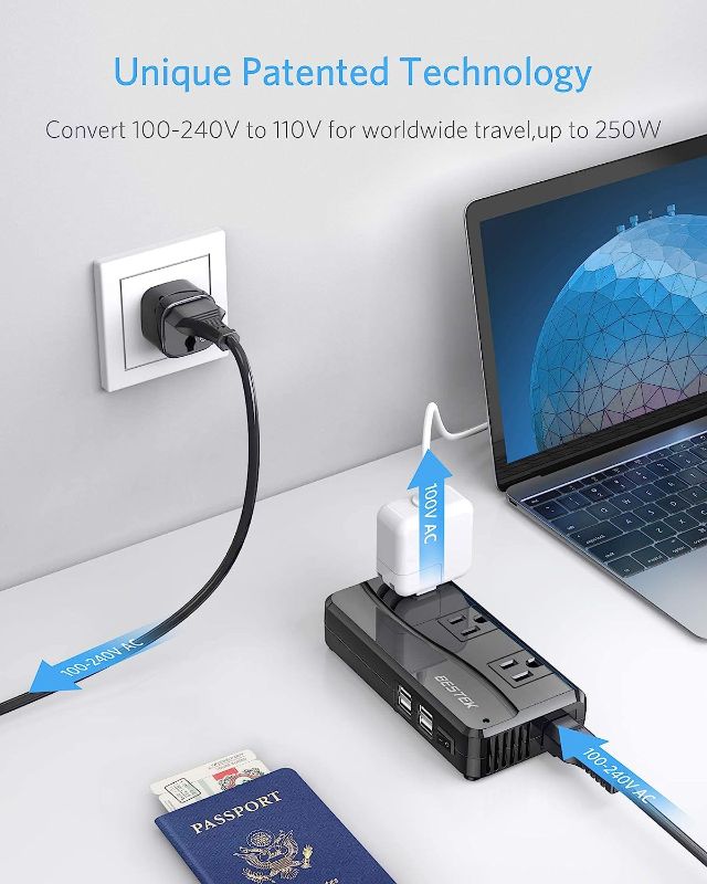Photo 2 of BESTEK 250W Power Converter 3-Outlet and 4-Port USB Travel Voltage Transformer 220V to 110V with Type G/D/M/AU/US Travel Plug Adapters
