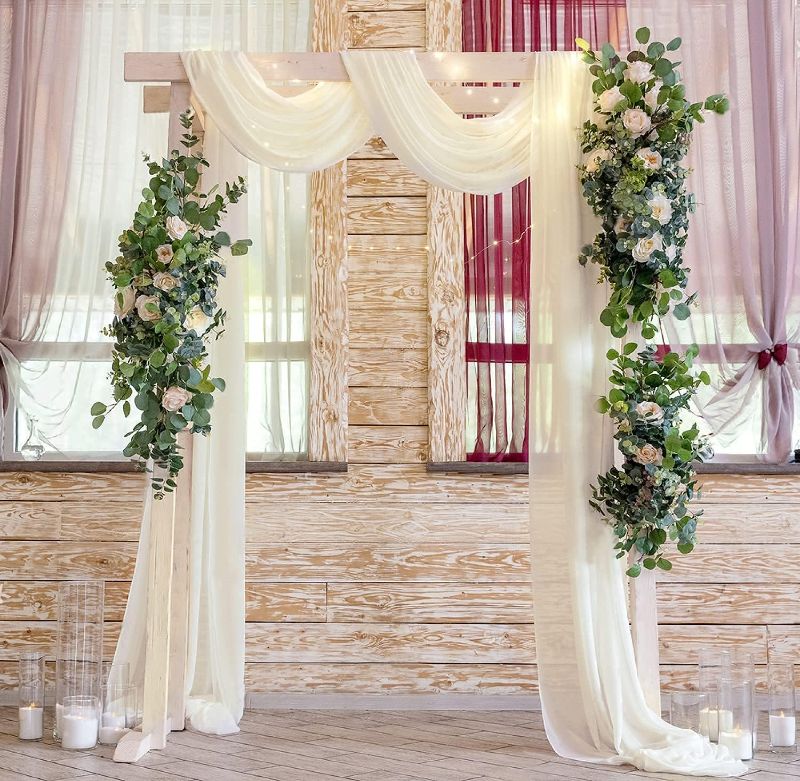 Photo 2 of Wedding Arch Fabric Drape Ivory 3 Panels 6 Yards Sheer Backdrop Curtain Chiffon Fabric for Party Ceremony Stage Reception Decorations
