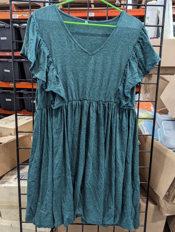 Photo 1 of Ruffle Sleeve V-Neck Casual Loose Fit Dress w/Cinch Waist - Dark Green - Size XL