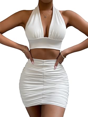 Photo 1 of Verdusa Women's 2 Piece Outfit Tied Backless Halter Top and Ruched Bodycon Skirt Set - White - Size M