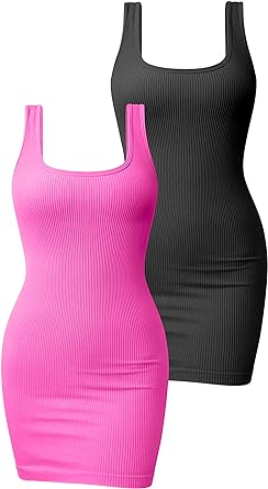 Photo 1 of OQQ Women's 2 Piece Dresses Ribbed Sleeveless Square Neck Tank Tops Mini Dress - Black & Pink - Size Large