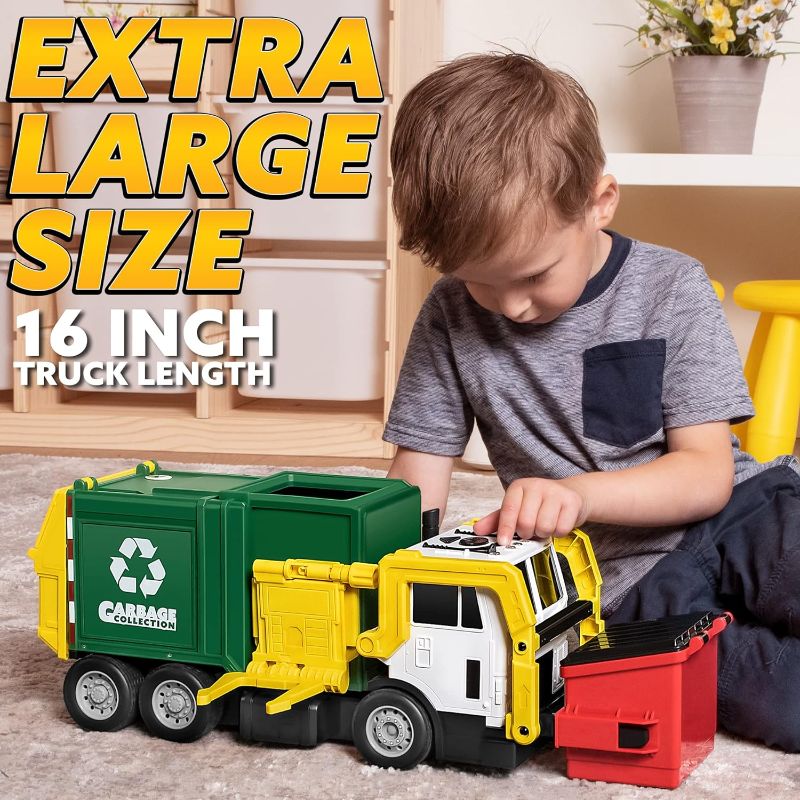Photo 2 of JOYIN 16" Large Garbage Truck Toys for Boys, Realistic Trash Truck Toy with Trash Can Lifter and Dumping Function, Garbage Sorting Cards for Preschoolers, Toy Truck Gift for Boy Age 2 3 4 5 Years Old
