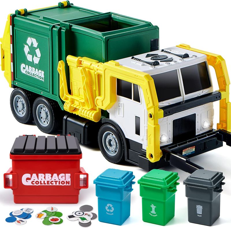 Photo 1 of JOYIN 16" Large Garbage Truck Toys for Boys, Realistic Trash Truck Toy with Trash Can Lifter and Dumping Function, Garbage Sorting Cards for Preschoolers, Toy Truck Gift for Boy Age 2 3 4 5 Years Old
