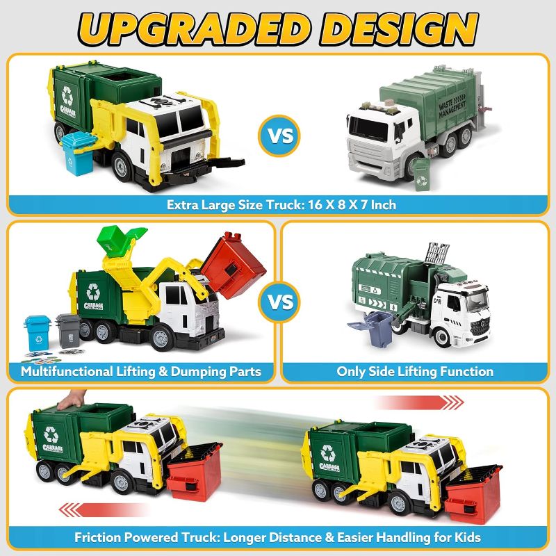 Photo 3 of JOYIN 16" Large Garbage Truck Toys for Boys, Realistic Trash Truck Toy with Trash Can Lifter and Dumping Function, Garbage Sorting Cards for Preschoolers, Toy Truck Gift for Boy Age 2 3 4 5 Years Old
