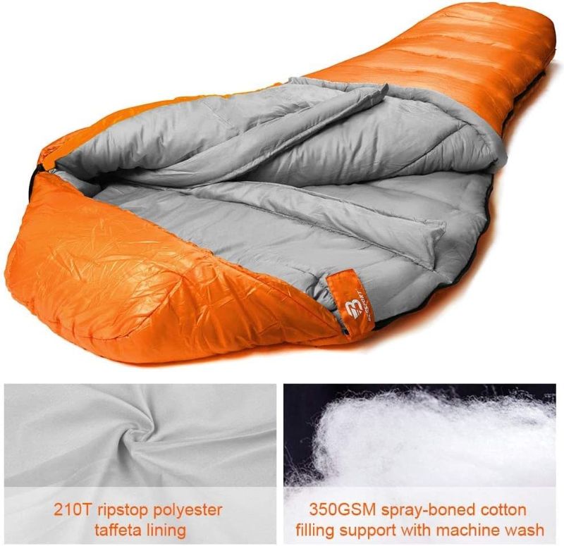Photo 2 of Bessport Mummy Sleeping Bag | 15-45 ? Extreme 3-4 Season Sleeping Bag for Adults Cold Weather– Warm and Washable, for Hiking Traveling & Outdoor Activities - Orange - NWT