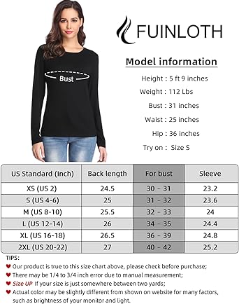 Photo 3 of Fuinloth Women's Basic Long Sleeve T Shirts, Crewneck Slim Fit Spandex Tops, Plain Layer Underscrub Tees - Black - Size Small
