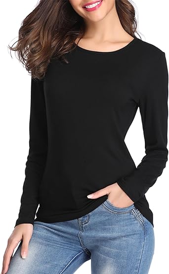 Photo 1 of Fuinloth Women's Basic Long Sleeve T Shirts, Crewneck Slim Fit Spandex Tops, Plain Layer Underscrub Tees - Black - Size Small