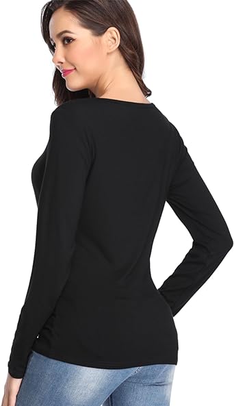 Photo 2 of Fuinloth Women's Basic Long Sleeve T Shirts, Crewneck Slim Fit Spandex Tops, Plain Layer Underscrub Tees - Black - Size Small
