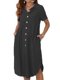 Photo 1 of Frontwalk Ladies Midi Dresses Lapel Shirt Dress Long/Short Sleeve Party Sexy Button Down Black Short Sleeve - Black - Size Large
