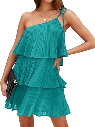 Photo 1 of DEEP SELF Women's Summer One Shoulder Chiffon Mini Dress Casual Ruffle Pleated Tiered Flowy Short Dresses - Green - Size Small - NWT