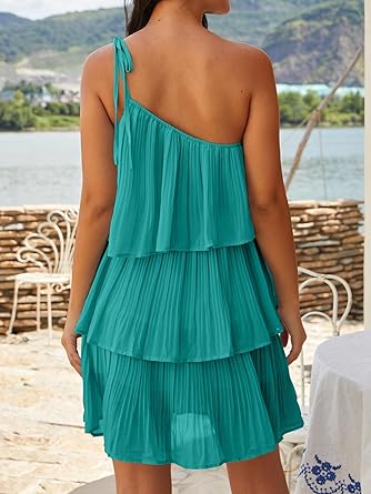 Photo 2 of DEEP SELF Women's Summer One Shoulder Chiffon Mini Dress Casual Ruffle Pleated Tiered Flowy Short Dresses - Green - Size Small - NWT