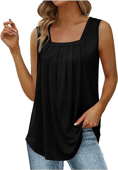 Photo 1 of Womens Square Neck Tank Tops Loose Fit Pleated Hide Belly Tunic Sleeveless Shirts Summer Plain Flowy Beach Top - Black - Size Medium