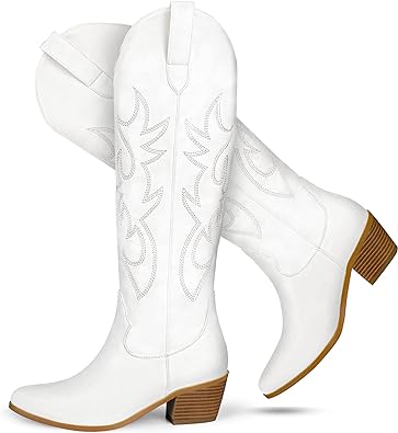 Photo 1 of STALOV Embroidered Cowboy Boots for Women, Fashion Western Pointed Toe Chunky Heel Pull-On Knee High Cowgirl Boots - White - Size 5