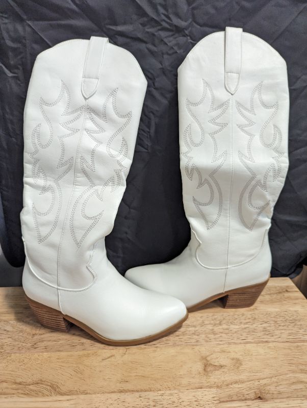 Photo 5 of STALOV Embroidered Cowboy Boots for Women, Fashion Western Pointed Toe Chunky Heel Pull-On Knee High Cowgirl Boots - White - Size 5