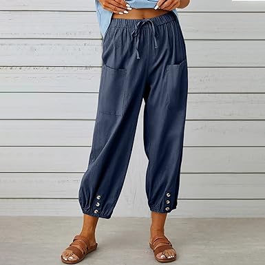 Photo 1 of Women's Capri Pants High Waist Drawstring Cinch Bottom with Button Cotton Loose Casual Trouser with Pockets - Navy - Size Large