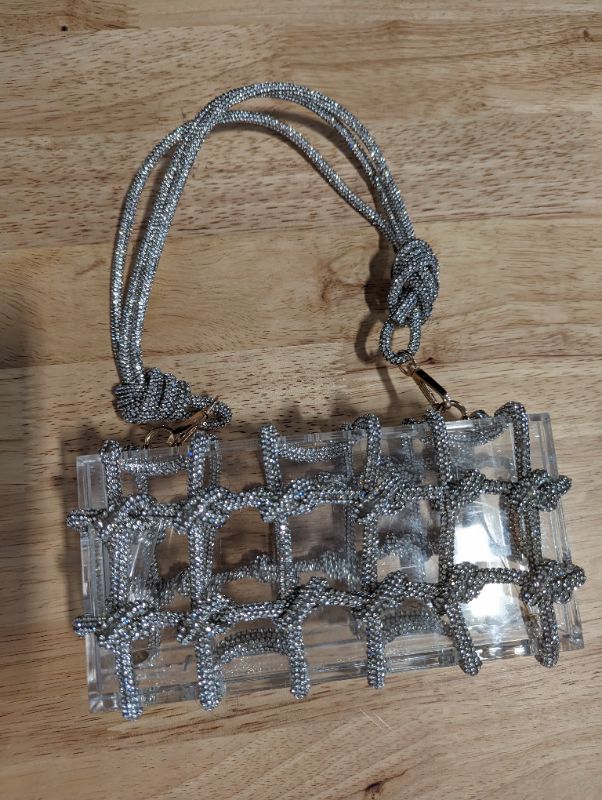 Photo 3 of Gimue Clear Acrylic Rhinestone Purse, Sparkle Evening Clutch, Crystal Embellished Knotted Handbag for Cocktail, Party, Prom - **PRODUCT IS USED, CLASP IS BROKEN, CAN BE REPAIRED**