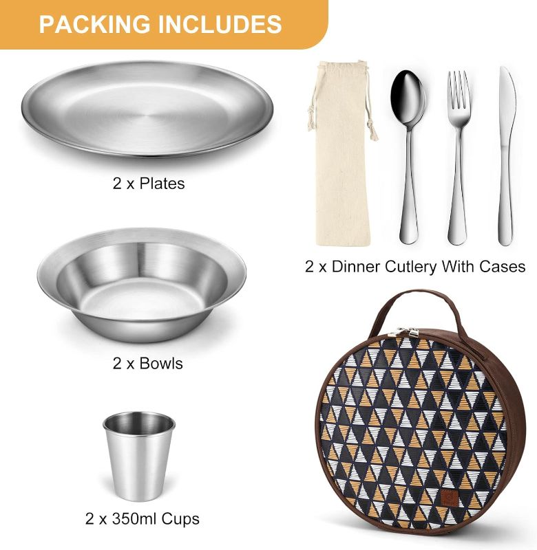 Photo 3 of Odoland Camping Complete Messware Kit, Polished Stainless Steel Camp Dinnerware, Camping Cooking Tableware, Cutlery Organizer Utensil with Plates and Bowls Set for Backpacking, Hiking, Picnic - 2 Person Set