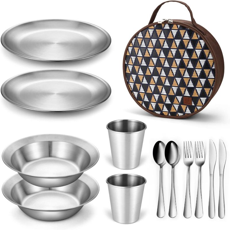Photo 1 of Odoland Camping Complete Messware Kit, Polished Stainless Steel Camp Dinnerware, Camping Cooking Tableware, Cutlery Organizer Utensil with Plates and Bowls Set for Backpacking, Hiking, Picnic - 2 Person Set