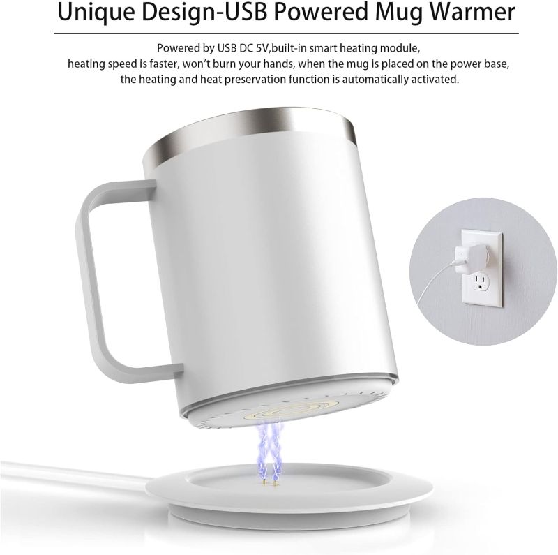 Photo 2 of Self Heating Coffee Mug,Coffee Warmer with Mug Set,12oz Double-Layer 18/8 Stainless Steel Heated Mug,131? Beverage Cup Warmer for Desk Home & Office (White)
