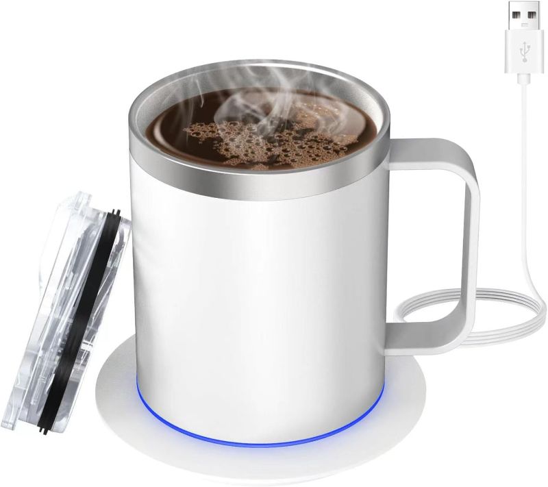Photo 1 of Self Heating Coffee Mug,Coffee Warmer with Mug Set,12oz Double-Layer 18/8 Stainless Steel Heated Mug,131? Beverage Cup Warmer for Desk Home & Office (White)
