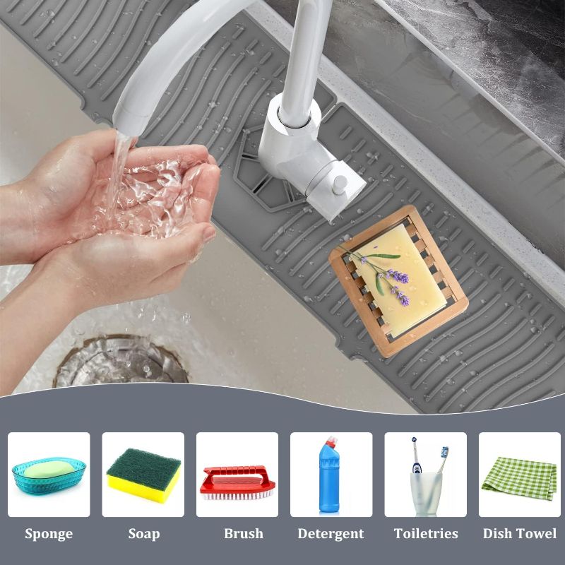 Photo 3 of Petyoung 24 Inch Kitchen Sink Splash Guard, Silicone Faucet Water Catcher Mat Sink Draining Pad Protect Faucet Handle Drip Catcher Tray Kitchen Countertop