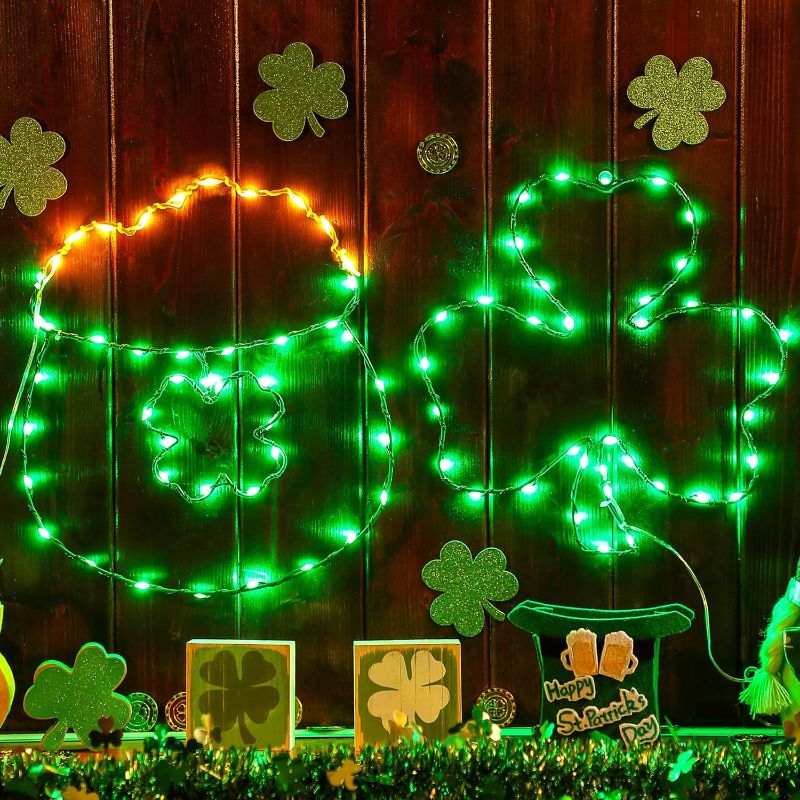 Photo 1 of 2 Pack St. Patrick's Day Window Lights, LED Window Lights Battery Powered, Lighted Irish Green Iron Frame for Window Wall Decor (Cornucopia, Shamrock)
