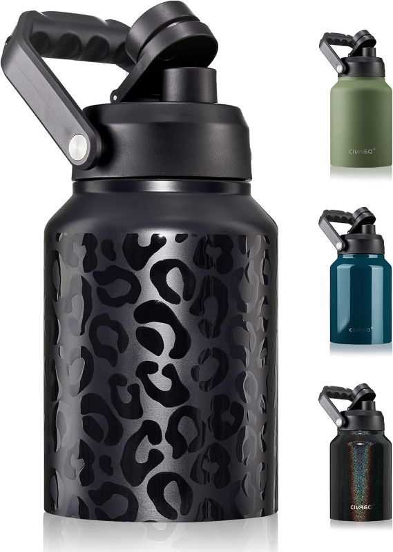 Photo 2 of CIVAGO - Insulated Water Bottle Jug with Handle, 40oz Stainless Steel Sports Water Flask, Large Metal Canteen Growler, Black Leopard
