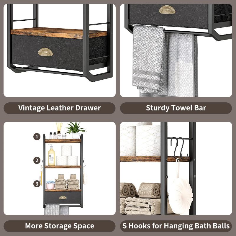 Photo 1 of JZM Bathroom Storage Organizer Wall Mounted, 3 Tier Bathroom Towel Rack Shelf with Storage Drawer Double Towel Bars and Hooks, Industrial Bathroom Shelves Over Toilet, Rustic Black and Brown (A)