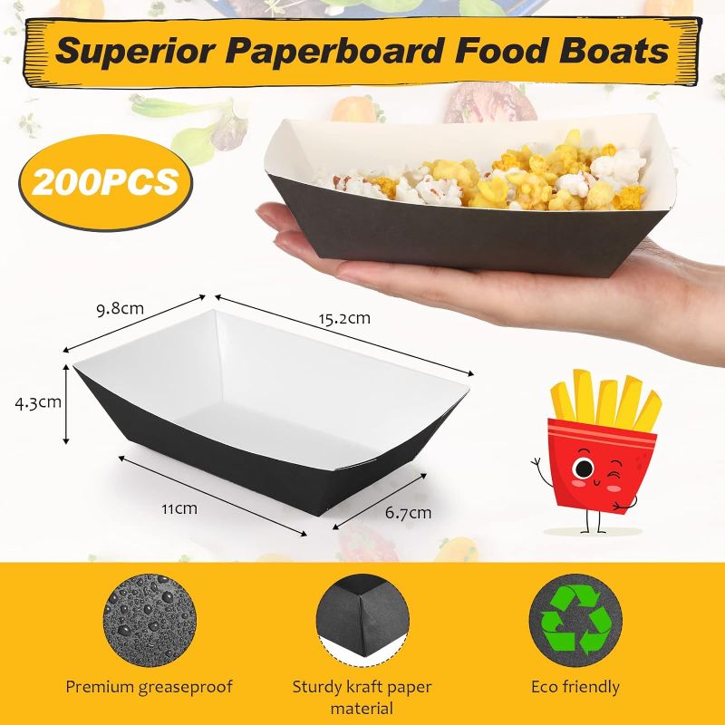 Photo 2 of 200 Pcs Paper Food Tray Disposable Paper Food Boats Paperboard Nacho Trays Hot Dog Serving Trays for Carnivals, Fairs, Festivals, Picnics Tacos, Crawfish French Fries Party Supplies (Black,2lb)
