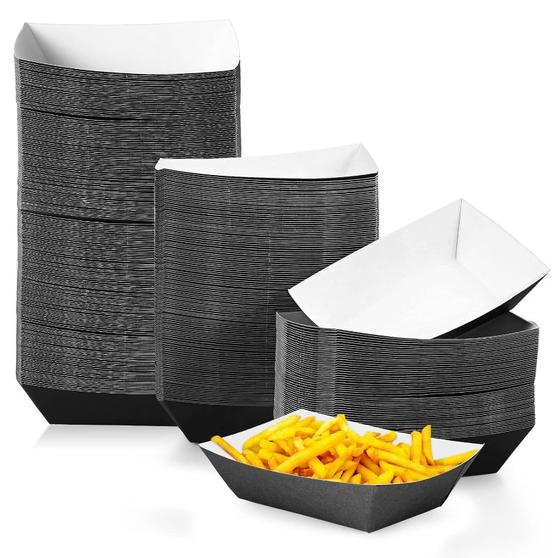 Photo 1 of 200 Pcs Paper Food Tray Disposable Paper Food Boats Paperboard Nacho Trays Hot Dog Serving Trays for Carnivals, Fairs, Festivals, Picnics Tacos, Crawfish French Fries Party Supplies (Black,2lb)
