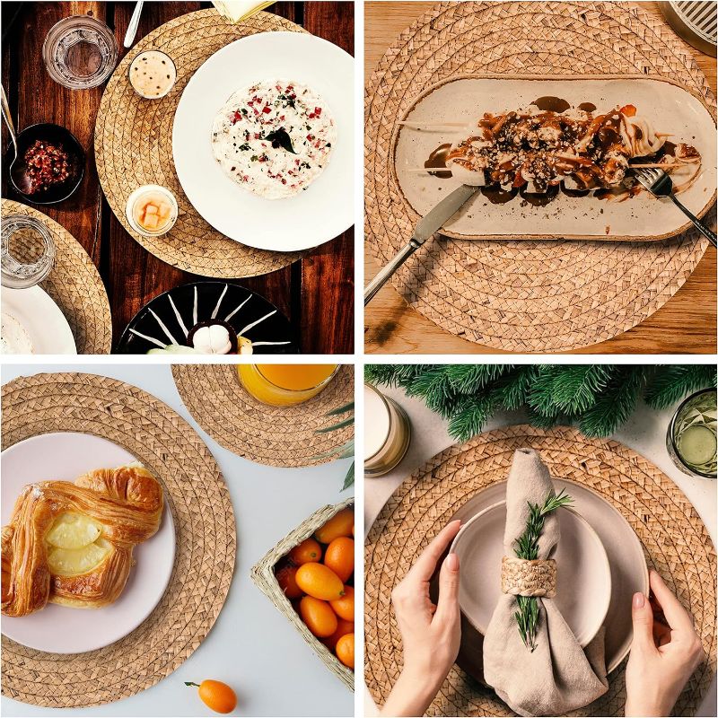 Photo 2 of Haxhut Round Woven Placemats - Natural Placemats Set of 6, Straw Braided Rattan Placemats, 13.5 Inches, Non-Slip, Heat Resistant, Hand Woven Chargers for Dining Table (Pack of 6)