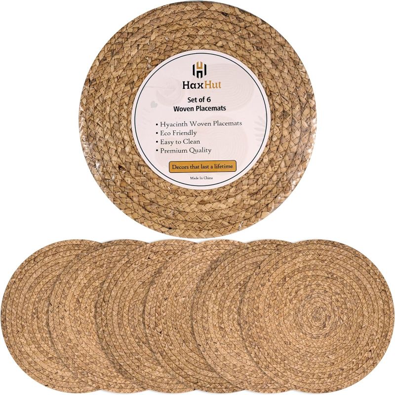 Photo 1 of Haxhut Round Woven Placemats - Natural Placemats Set of 6, Straw Braided Rattan Placemats, 13.5 Inches, Non-Slip, Heat Resistant, Hand Woven Chargers for Dining Table (Pack of 6)