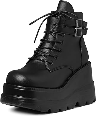 Photo 1 of Tscoyuki Platform Ankle Boots for Women Chunky High Heel Booties Goth Round Toe Combat Boots Women Lace Up Motorcycle Wedges - SIZE 8.5