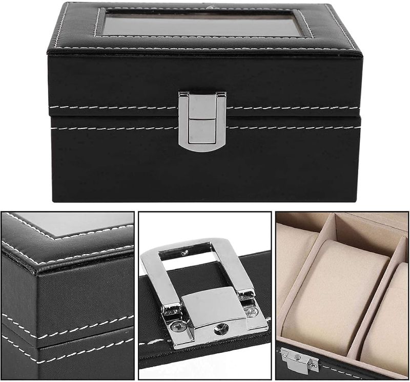 Photo 2 of Watch Box Display Case, 3 Slots Watch Holder Glass Lid Watch Box Organizer for Men PU Leather Watch Holder Organizer for Men