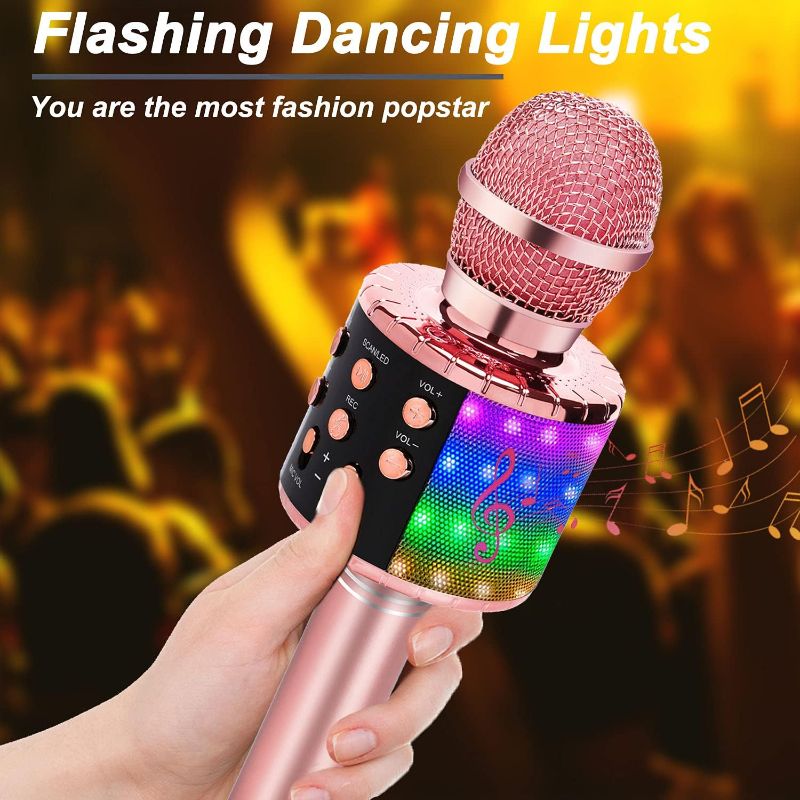 Photo 3 of Toys for Girls Karaoke Microphone - Portable Wireless Bluetooth Karaoke Mic Machine with Flashlights, 3 4 5 Year Old Girl Birthday Gifts,Kids Toys for 6 7 8 9 10 Year Old Girl Stuff Teen Girl Gifts 02-Champagne With Light