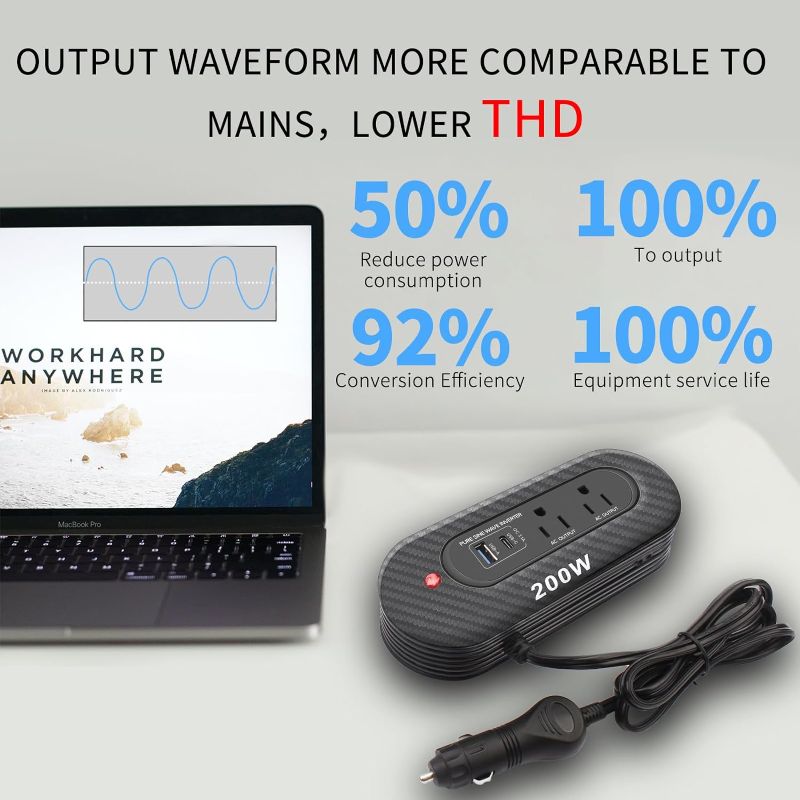 Photo 3 of 200W Pure Sine Wave Car Power Inverter Newly Car Plug Adapter Outlet Charger DC 12V to 110V AC Car Converter with Dual AC Outlets, 1 QC3.1A USB and 1 Type C Ports