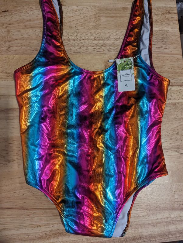 Photo 3 of Women’s Rainbow Striped Metallic One Piece Swimsuit Sexy Backless High Cut Bathing Suit Rave Festival Outfit - Size Small - NWT