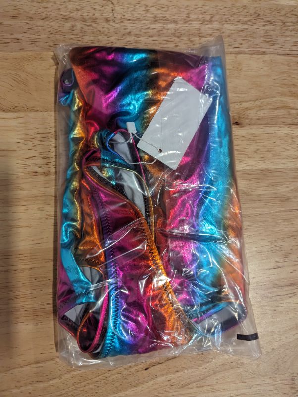 Photo 4 of Women’s Rainbow Striped Metallic One Piece Swimsuit Sexy Backless High Cut Bathing Suit Rave Festival Outfit - Size Small - NWT