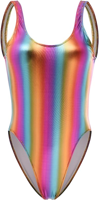 Photo 1 of Women’s Rainbow Striped Metallic One Piece Swimsuit Sexy Backless High Cut Bathing Suit Rave Festival Outfit - Size Small - NWT