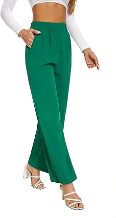 Photo 1 of FUNYYZO Women's Wide Leg Pants High Elastic Waisted in The Back Business Work Trousers Long Straight Suit Pants for Summer - DARK Green - Size Large Long 