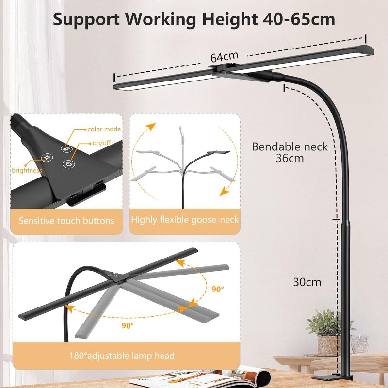 Photo 4 of Desk Lamp LED Dimmable, 1200 Lumen Double Head Desk Lamp Clampable for Home Office, Eye Protection Gooseneck Office Table Lamp, Monitor Lamp Black with 5 Colour Temperature Brightness Levels [Energy Class F]
