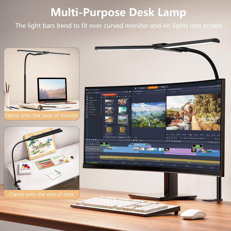 Photo 2 of Desk Lamp LED Dimmable, 1200 Lumen Double Head Desk Lamp Clampable for Home Office, Eye Protection Gooseneck Office Table Lamp, Monitor Lamp Black with 5 Colour Temperature Brightness Levels [Energy Class F]

