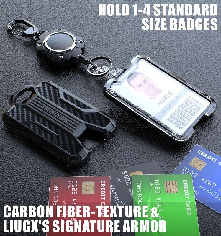 Photo 3 of LIUGX Retractable Badge Holders, Heavy Duty Retractable Keychain, Carbon Fiber-Texture, Durable ID Card Holder (Holds 4 Cards), with 31.5” Retractable Badge Reel Key Chain, 10,000+ Rebound
