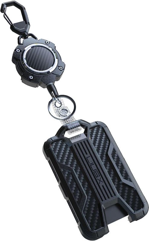 Photo 1 of LIUGX Retractable Badge Holders, Heavy Duty Retractable Keychain, Carbon Fiber-Texture, Durable ID Card Holder (Holds 4 Cards), with 31.5” Retractable Badge Reel Key Chain, 10,000+ Rebound
