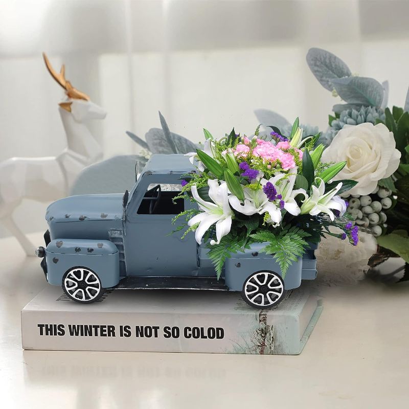 Photo 2 of Fleecy day Vintage Truck Décor, Blue Farmhouse Car with Light Tiered Tray, Cute Metal Car Gift Pickup Truck Model for Home Decoration Table Decoration & Tabletop Storage 7 x 3 x 3 inches
